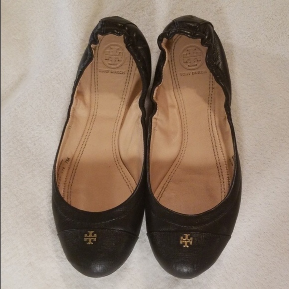 Tory Burch black leather York flats gold logo SZ 8